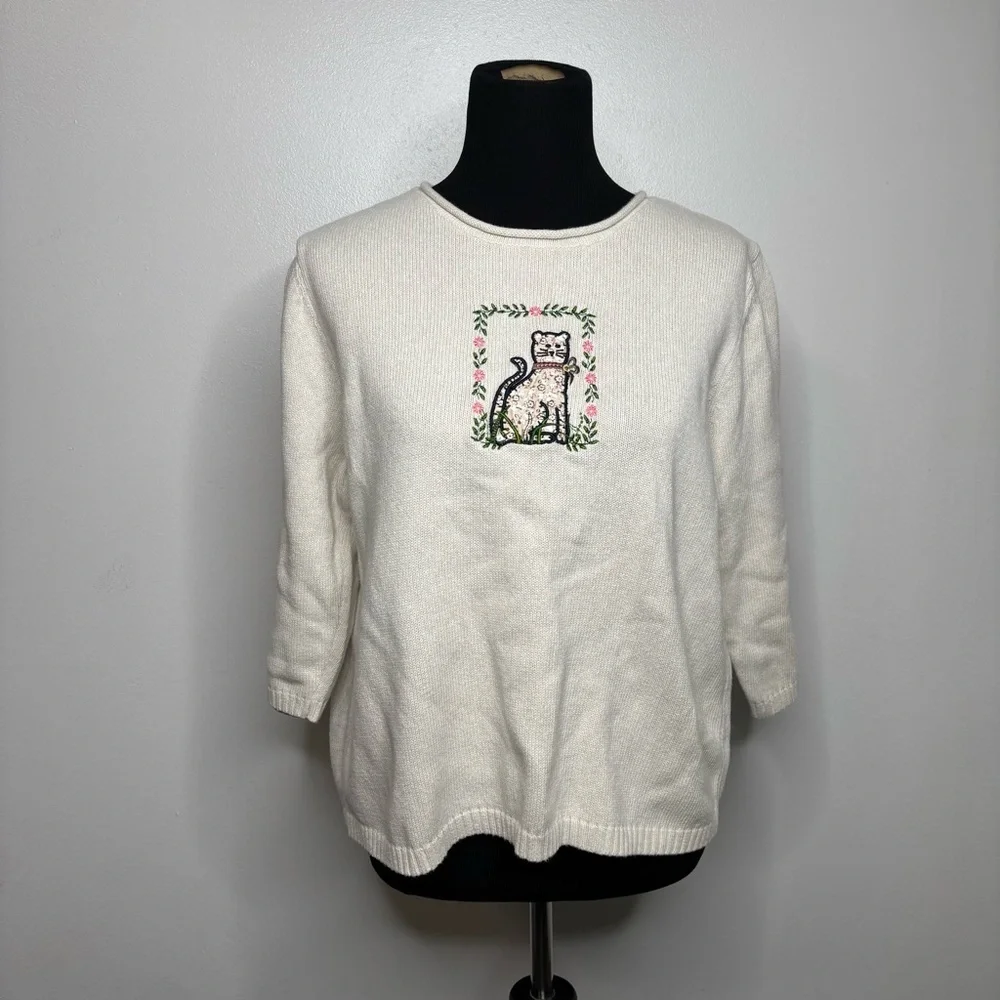 Christopher & Banks Y2K Embroidered Cat Cotton Sweater Size XL